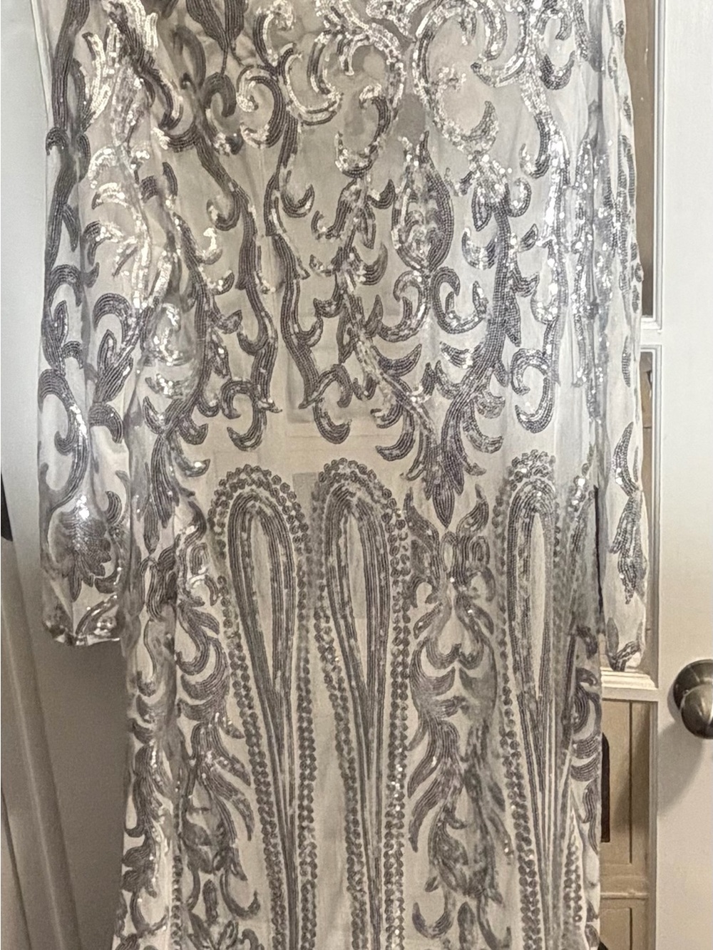 Beaded Silver Sequin Embellished Long Sleeve Dress